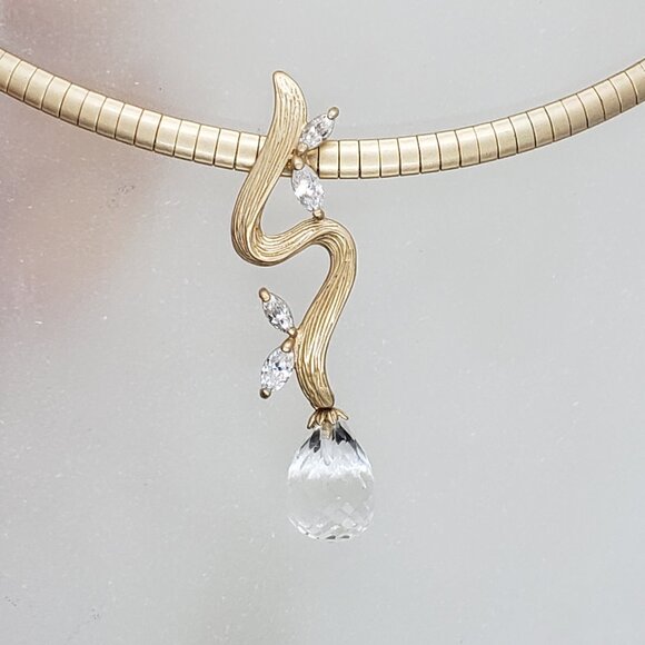 Gold Tone Necklace & Earrings Set with Cubic Zirconia & Clear Faceted Teardrop - Picture 6 of 11